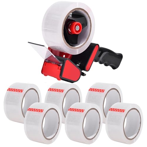 Zuvo Heavy Duty Tape Gun and Dispenser with 6 Clear Packaging Tapes. Clear Packaging Tape 44mm X 66m with Metal Tape Gun Dispenser for Moving Boxes,Warehouse Or General Packing Needs