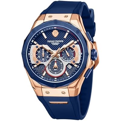 Paras Crown Mens Watches Fashion Luxury 50M Waterproof Chronograph Wrist Watches for Men with Silicone Strap Stainless Steel Case