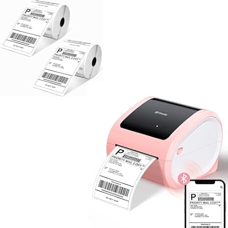 D520BT Bluetooth Shipping Label Printer and 2 Roll Thermal Labels, Wireless Label Printer for Small Business