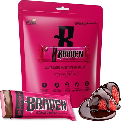 Braven Bar Chocolate Strawberry Energy Bars 1.59 oz, Pack of 10 Energy Chews with 5g Protein On-the-Go Energy Snacks for Running, Hiking, and Sports - Gluten Free Snacks