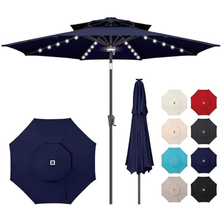 9ft Solar Umbrella Outdoor - 2 Tiers Lighted Solar Patio Umbrella with 40 LED Lights Waterprool UV Protection, Table Umbrella with Tilt for Pool, Porch, Garden, Backyard Navy Blue