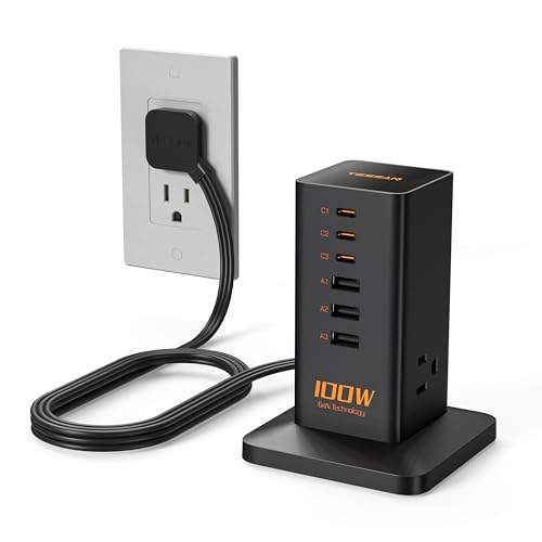 Charging Station for Multiple Devices, TESSAN 9-in-1 USB C Power Strip for iPhone 171615, MacBook, Tablet, Desktop Phone Fast Charger with 3 AC, USB Charger, Home Drom Office Accessories, Black-100W