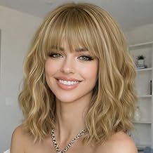 AISI HAIR Curly Bob Wig with Bangs Short Wavy Champagne Blonde Wigs for Women Bob Style Synthetic Heat Resistant Bob Wigs