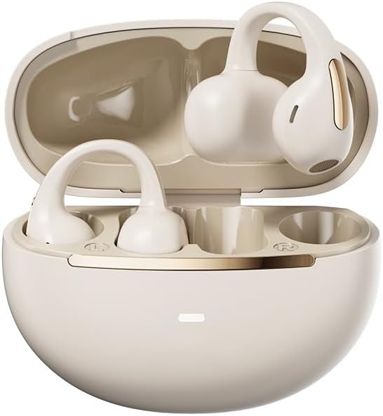 Micool Open-Ear Headphones Bluetooth 5.4, Ear Clip Earbuds Wireless with 24H Battery, Spatial Sound & Comfort Fit Clip on Earbuds, Sports Headphones with HD Calling & Universal Compatibility (Beige)