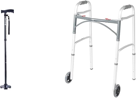 HurryCane HCANE-BK-C2 Folding Walking Cane Bundle with Drive Medical 10210-1 Folding Walker with Wheels, Silver
