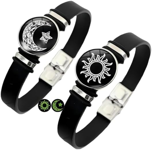 2pcs sun star moon glow-in-the-dark bracelets, men's and women's black leather bracelets, sun moon star couple bracelet