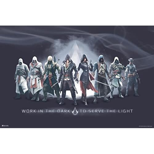 Laminated Assassins Creed Work In the Dark to Serve the Light Character Lineup Valhalla Origins Syndicate Odyssey Black Flag Bloodlines Assassins Creed Gamer Poster Dry Erase Wall Art 12x18