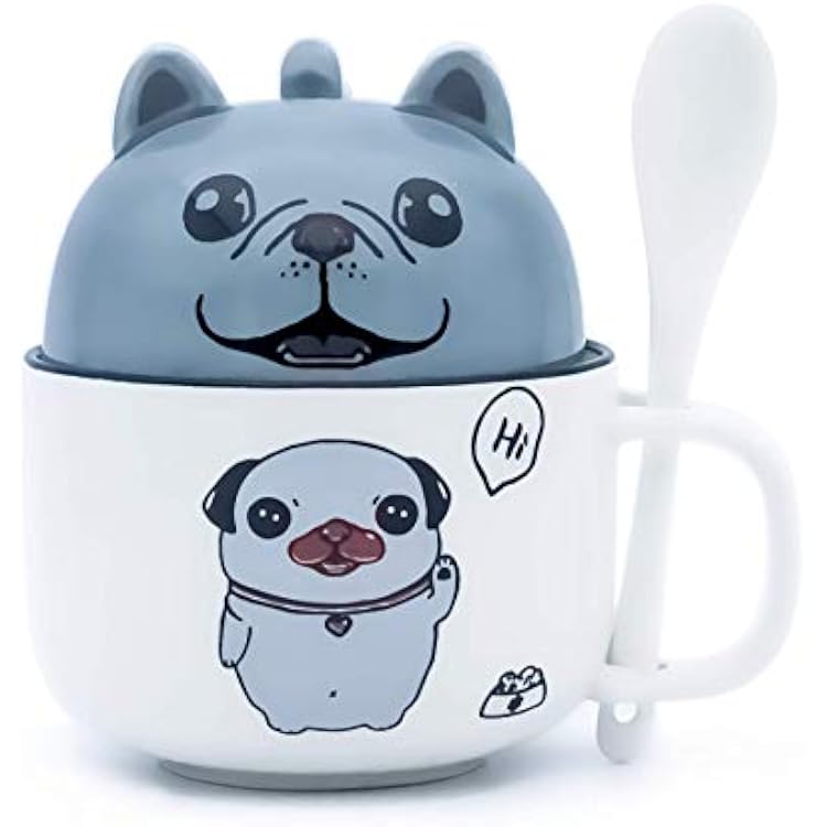 Pug Puppy Cute Bulldog Ceramic Coffee Mugs Tea Cups with Special Lid can be a cup Spoon Novelty Gift for Girls Boys Kids Children Lovers 12.5 oz  5.4 oz