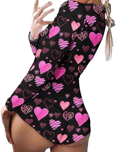 Womens Long Sleeve Bodycon Romper V Neck Heart Print Button Down Bodysuit Short Jumpsuit Sleepwear