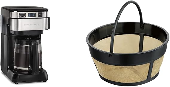 Hamilton Beach Programmable Coffee Maker, 12 Cups, Front Access Easy Fill, Black (46310) & Hamilton Beach Permanent Gold Tone Filter, Fits Most 8 to 12-Cup Coffee Makers (80675R/80675)