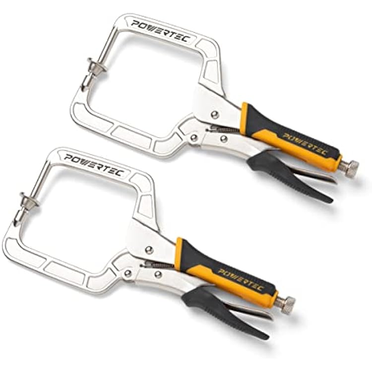 POWERTEC Pocket Hole Clamp, Quick Release 12 Right Angle Clamp for Pocket Hole Joinery, Vise Grip Clamps wErgonomic Grip & Swivel Pad, Clamps for Woodworking, DIY, Drawer Making - 2PCs 71744