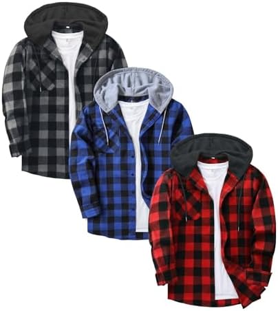 ZITY 3 Pack Mens Flannel Hoodie Shirts Long Sleeve Casual Vintage Button Down Plaid Shirt Jacket with Pocket