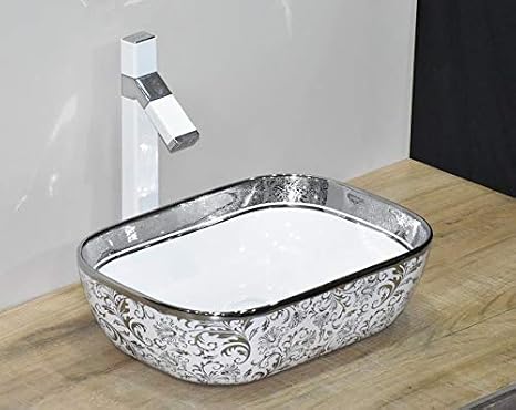 InArt Above Counter Vessel Sinks,Bathroom Sink, Ceramic Vessel Sink Porcelain Rectangle Silver White Color Vessel Sink 46 x 33 x 14 CM