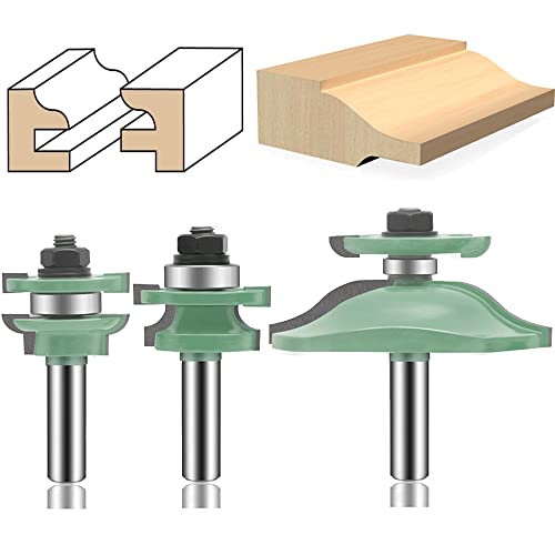 OLETBE 3 PCS Router Bit Set, 12-Inch Shank Round Over Raised Panel Cabinet Door Ogee Rail and Stile Router Bits, Woodworking Wood Cutter, Wood Carbide Groove Tongue Milling Tool