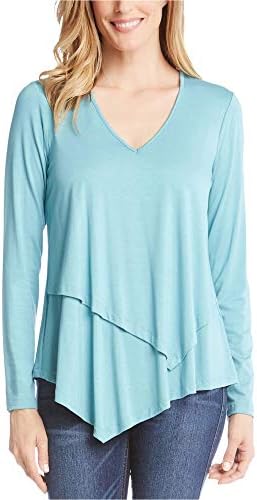 Karen Kane Womens Asymmetrical Pullover Blouse, Blue, X-Small