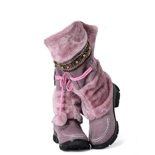 SACFOF Mid Calf Boots for Women,Winter Lace Up Pompoms Platform Anti-Slip Furry Snow Boots Fur Lined Keep Warm Knight Boots