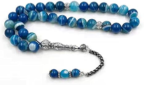 Tasbih Natural Agate Stone Muslim Rosary Prayer Beads Blue Misbaha Man Bracelet (8mm x 33beads)