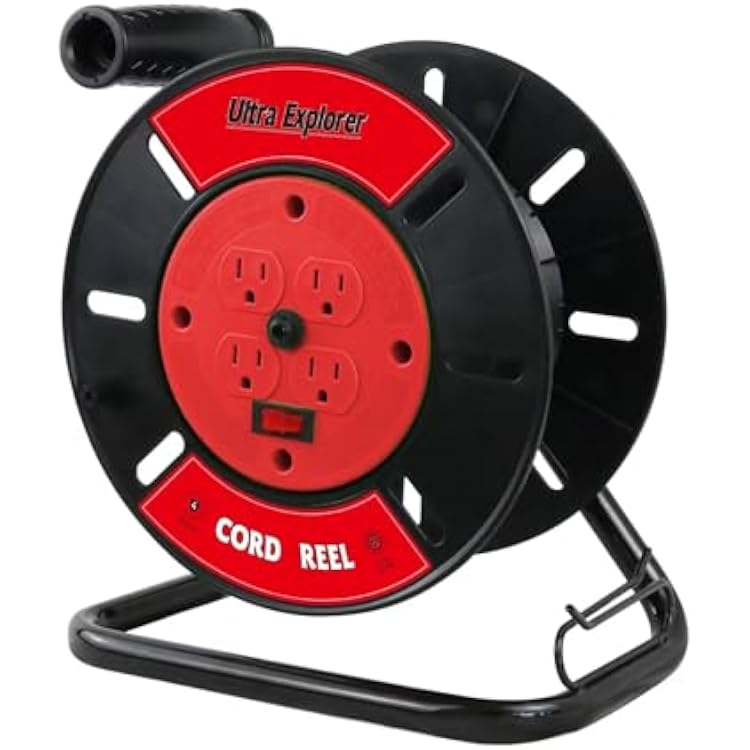 Extension Cord Storage Reel with 4-Grounded Outlets, Heavy Duty Open Cord Reel for 123 143 163 Power Cords, Portable Empty Hand Crank Electric Cord Roller Holder, Red