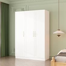 FUFU&GAGA 3 Door Wardrobe with Shelves, 2 Hanging Rods, White Bedroom Armoire with Ceramic Handles, Modern Clothes Storage Cabinet for Guest Room Cloakroom, 47.2W x 18.3D x 69.7H