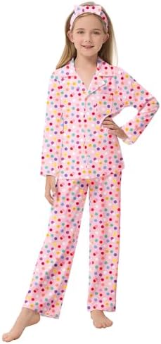 CARETOO Girls Pajamas Satin Long Sleeve Long Pants with Headband Pajama Set Kids Cute Button down Sleepwear 4-12Y