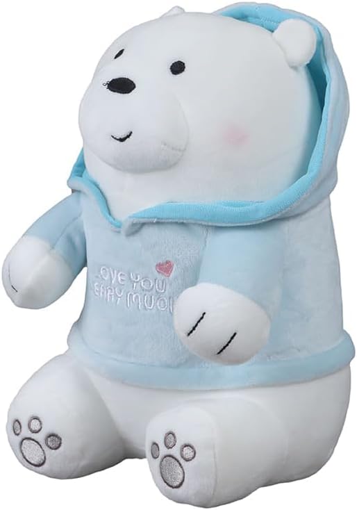 MINISO 9.5" We Bare Bears Cute Stuffed Animals, Ultrasoft Sleeping Ice Bear Cartoon Plush Toy with Blue Hoodie, Perfect for Girls Boys Toddlers Kids and Valentine's Day
