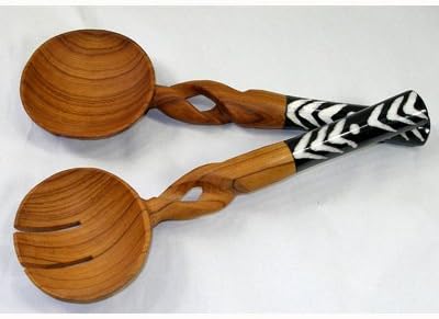 Global Crafts - Olive Wood Salad Serving Set - Twisted Wooden Salad Servers, Handcrafted Utensils