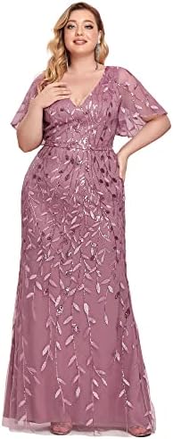 Ever-Pretty Womens Sequin Plus Size Formal Dresses for Curvy Women V Neck Mermaid Embroidery Prom Dress Evening Gown