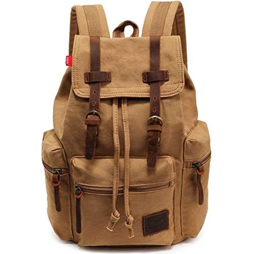 HuaChen Vintage Canvas Travel Backpack with Leather Trim, Laptop Padded Sleeve, Hidden Back Security Pocket, Fits 14-Inch, M32 Khaki