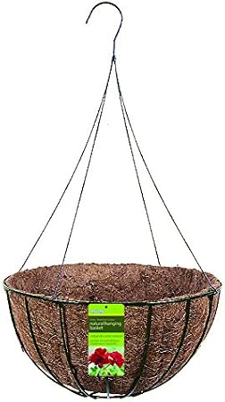 Gardman R422 Black 16" Diameter Wire Grow Basket with: Coco Liner, Plastic Insert, 4-Leg Wire Hanger