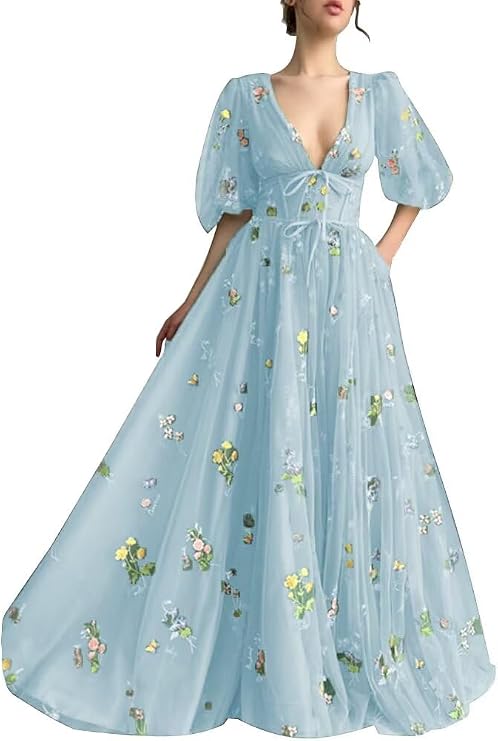 Prom Dresses for Women 2024 Puffy Sleeve Flower Embroidery Tulle Formal Gowns Homecoming Dresses