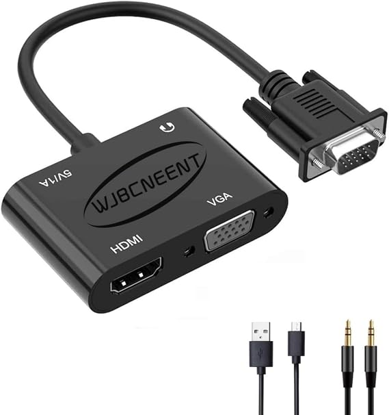 VGA to HDMI VGA Audio Video Cable Adapter Converter Splitter with 3.5mm Audio USB Power for 2 Monitors, Computer, Desktop, Laptop, PC, Projector, HDTV 1080P, Plug and Play