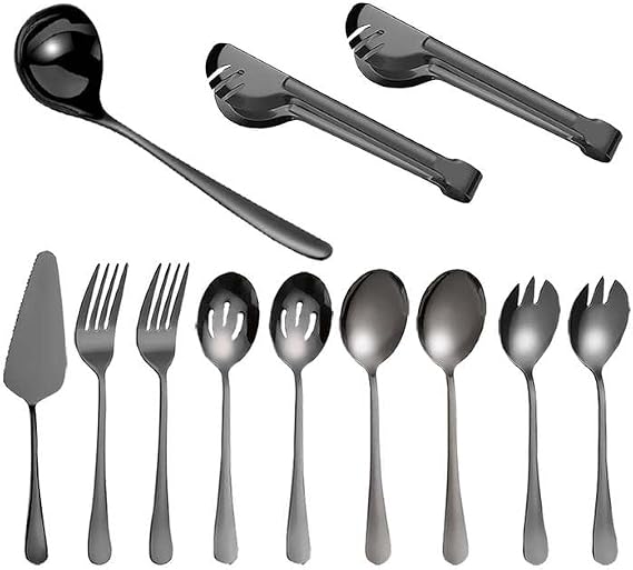 12 Pieces Flatware Serving Set Spatula Ladle Buffet Tongs Salad Forks Dinner Spoons Perforated Spoons Sporks Stainless Steel - Black