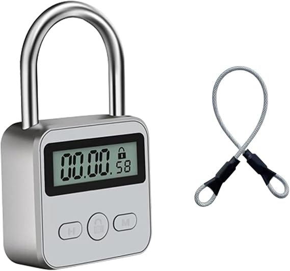 Metal Timer Lock, LCD Display Multi-Function Electronic Time, 99 Hours Max Timing, USB Rechargeable Timer Padlock Timer Padlock Timer Lock (Silver)