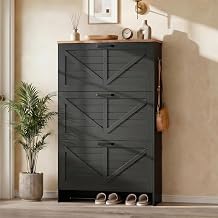 Shaker Barn Door Shoe Cabinet - 3 Flip Drawers & 3-Tier Adjustable Shelves, Ultra Slim Freestanding, Modern Rustic Brushed Black Farmhouse Shoe Rack for Entryway, Hallway, Foyer & Mudroom Black