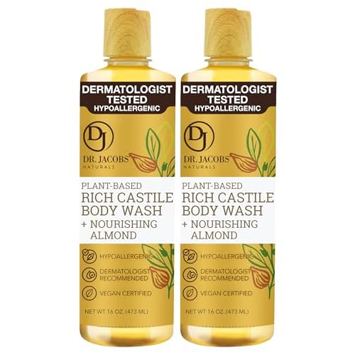Dr. Jacobs Naturals Pure Castile Soap Liquid Body Wash, Almond - Plant Based Castile Soap Infused with Vitamin E and Aloe Vera to Moisturize Dry and Sensitive Skin - Made in The USA - 16 oz, Pack of 2