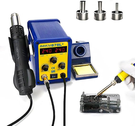 BK-878L2 2 in 1 Digital Rework Station With Hot Air Station and Soldering Station, 110V Hot Air Rework Station with 3 Air Nozzles, Adjustable Temperature Desoldering Gun BGA Rework Station