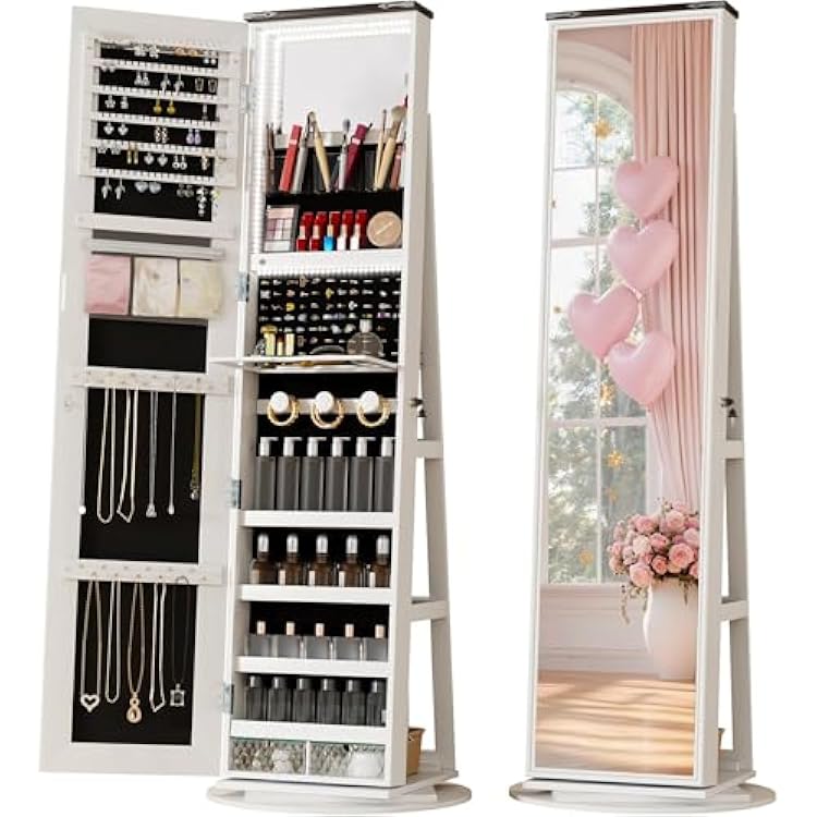 LVSOMT LED Mirror Jewelry Cabinet Standing, 360 Swivel Jewelry Organizers and Storage, Farmhouse Mirror with Jewelry Storage, Lighted Jewelry Armoire with Full Length Mirror White Wood