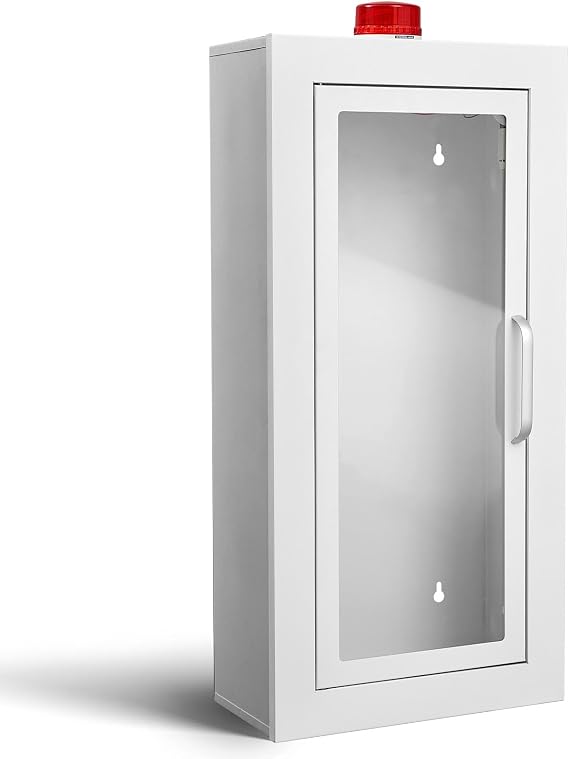 Zonon 1 Pcs 10lb Fire Extinguisher Cabinet Wall & Surface Mount with Alarm, 27-3/8" H x 13-7/8" W x 7-1/4" D Steel Wall Fire Extinguisher Box Case for Dry Chemical Extinguishers Indoor Outdoor(White)