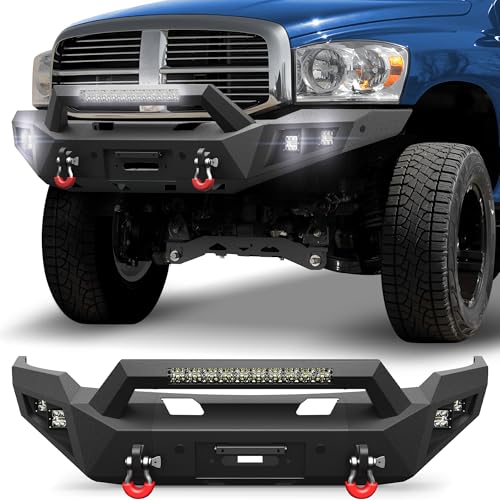 06-08 Ram 1500 Front Bumper Full Width Offroad Bumper wWinch Plate, 144W Light Bar, 4x18w Lights, D-rings, License Plate Bracket for 2006-2008 Dodge Ram 1500 Excl. Mega Cab