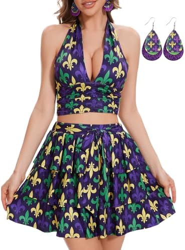 Womens 3pcs Sexy Halter Crop Tank Top with Short Skirts Sets Going Out