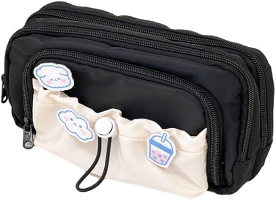 Cute Aesthetic Pencil Case Kawaii Pencil Case with Kawaii Pins Large Pencil Pouch Holder Preppy Supplies (black)