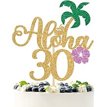 Gold Glitter Aloha 30 Cake Topper, Hello 30/Cheers to 30 Years/Happy 30th Birthday/Anniversay, Tropical Hawaiian Themed 30th Anniversary/Birthday Party Decorations