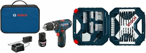 BOSCH PS130-2A 12-Volt Lithium-Ion Ultra-Compact Hammer Drill/Driver Kit, 3/8-Inch, Blue&BOSCH 65-Piece Drilling and Driving Mixed Set MS4065