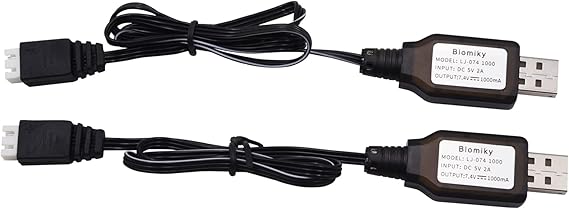 Blomiky 2 Pack 7.4V 1A USB Charge Cable with XH-3P Plug for 2S Lipo Battery with XH-3P Connector / 7.4V 1A USB 2