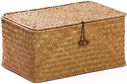 Seagrass Storage Baskets with Lid Natural Rattan Woven Rectangular Organizer Box (Small 26cmx14cmx11cm H)