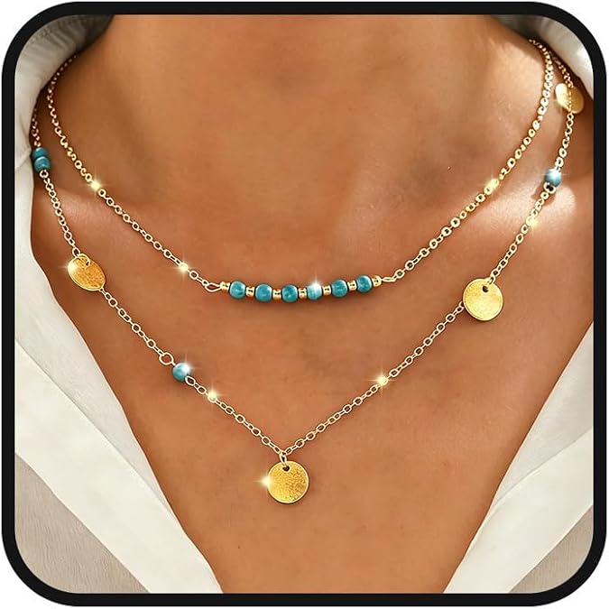 Tgirls Boho Layered Turquoise Beaded Necklace Silver/Gold Sequin Pendant Chain Western Jewelry for Women