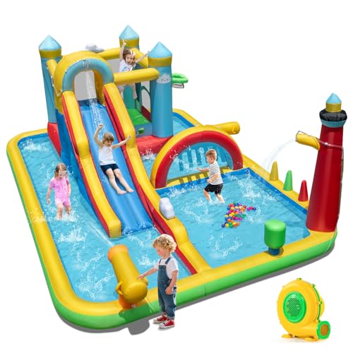BOUNTECH Inflatable Water Slide Park, Kids Mega Water Bounce House wDeep Pool, Long Slide, Jumping Bouncy Castle with Blower, Blow up Water Slides for Big Kids Aged 3-12 Backyard Outdoor