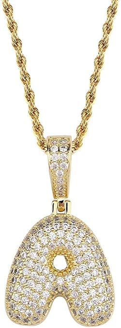 Apzzic Stainless Steel Iced Out Letter Pendant Necklace A-Z 26 Capital Initial Alphabet Name Necklace Rope Chain Personalized Jewelry Gift for Women