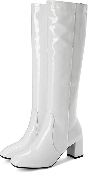White Knee High Boots 70s GoGo Boots Round Toe Disco Boots Block Heels Prom Platform Boots