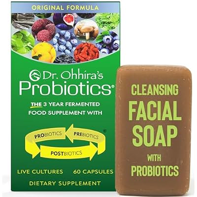 Dr. Ohhiras Probiotics Original Formula 60 Capsules with Bonus Beauty Bar Soap Travel Size 20g - No Refrigeration Supplement for Women and Men, 13 Probiotic Strains